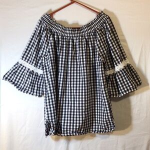 Studio West XXL Gingham Off Shoulder Blouse Bell Sleeve Boho Cottagecore Peasant